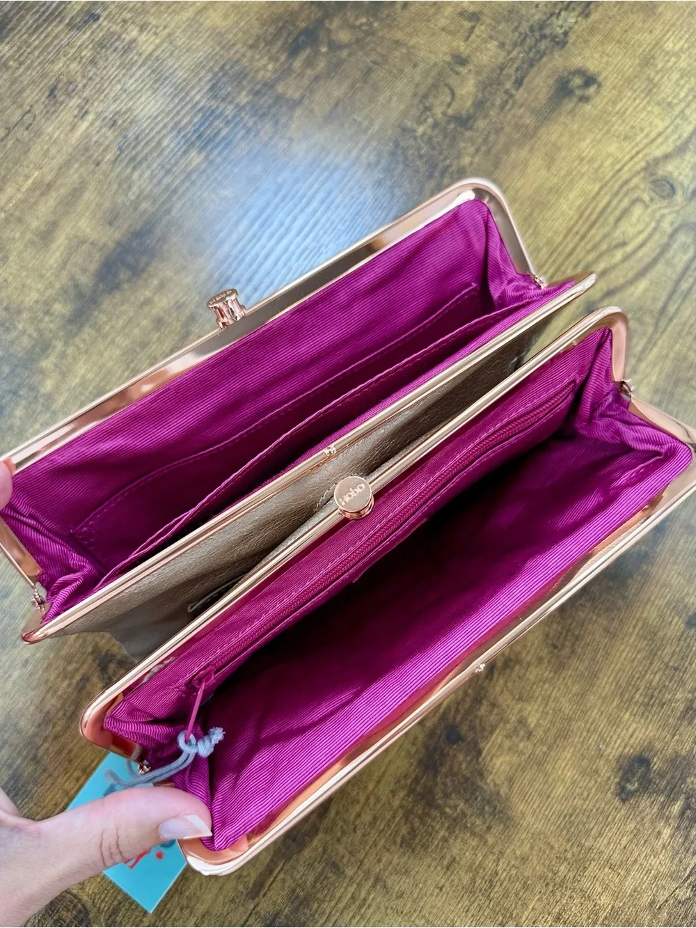 Hobo Lauren Clutch Wallet, Double Kisslock, Blush Leather, Rose Gold Hardware
